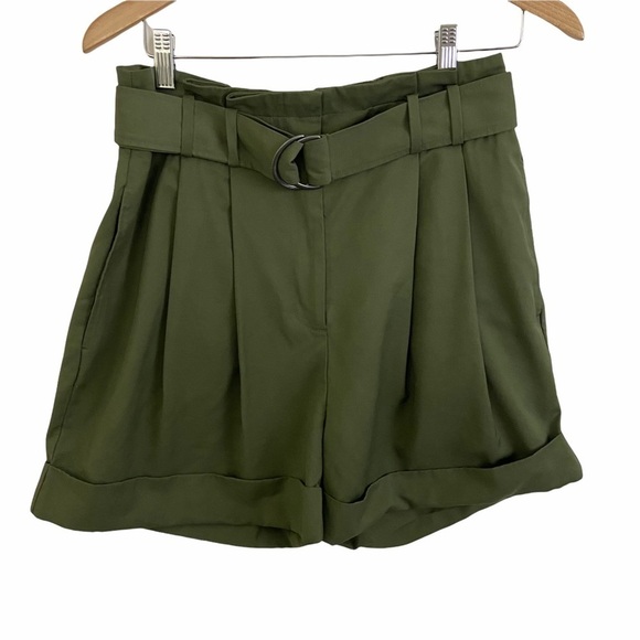 Elizabeth & James Paperbag Waist Cuffed Shorts Sz 10 Olive Green - Picture 2 of 12